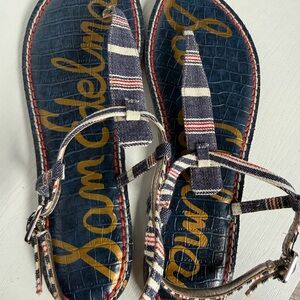 Sam Edelman Navy Striped Thong Sandals with Gold Logo